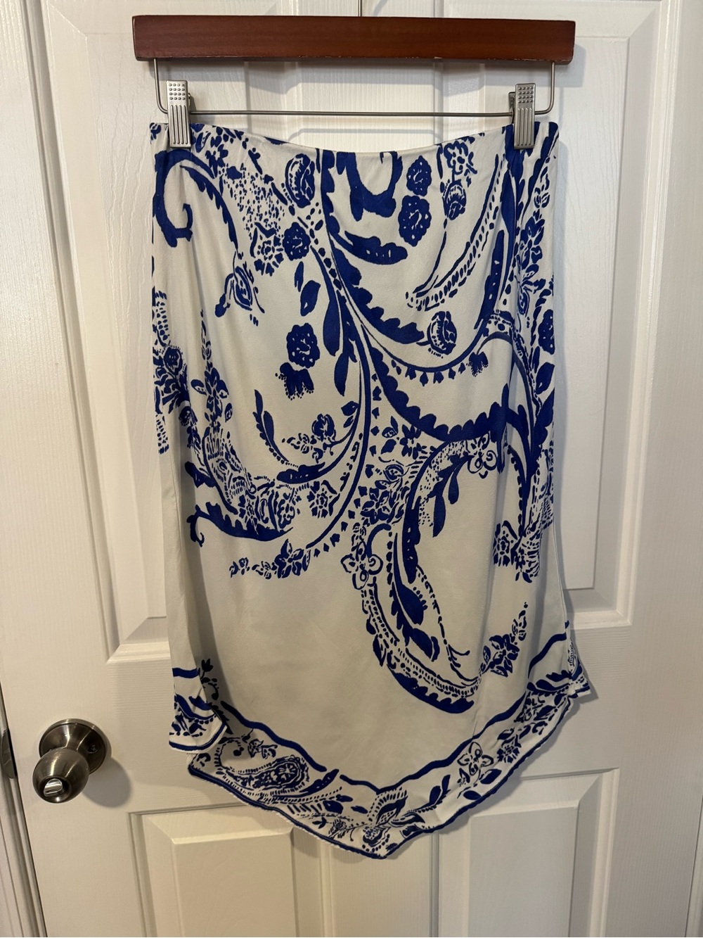 Maeve White and Blue Paisley Asymmetrical Midi Skirt